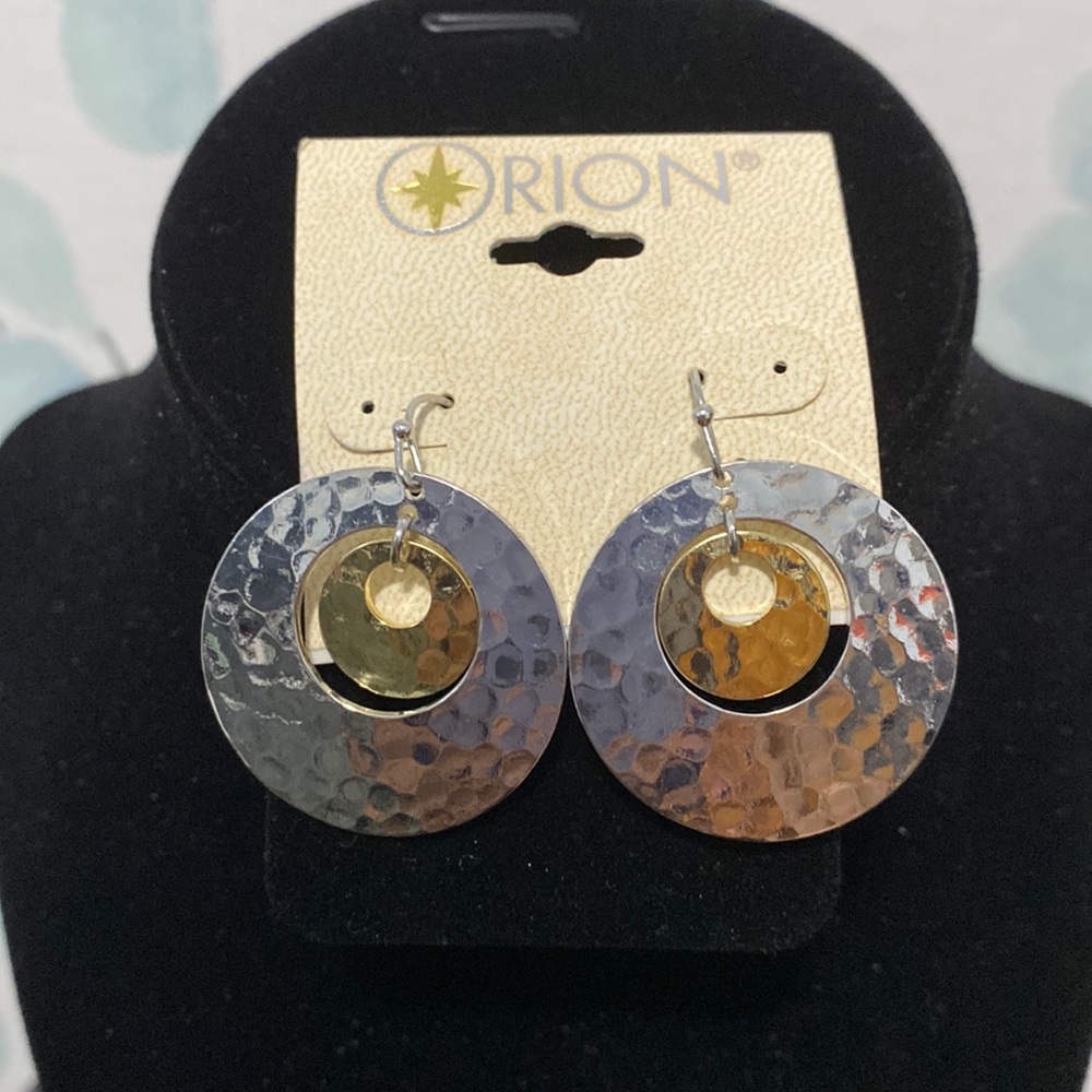 Orion Silver and Gold Tone Round Hammered Dangle Earrings NWOT